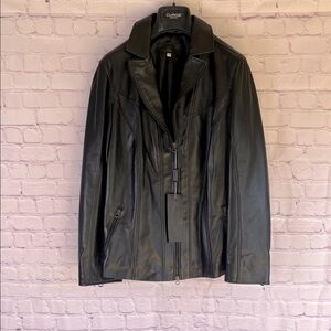 Italian Black Leather Zip Up Jacket Made by CURGÈ Woman size Large or EU 46‎ NWT